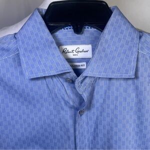 Robert Graham Tailored Fit Dress Shirt Light‎ Blue Checkerboard Pattern 41/16